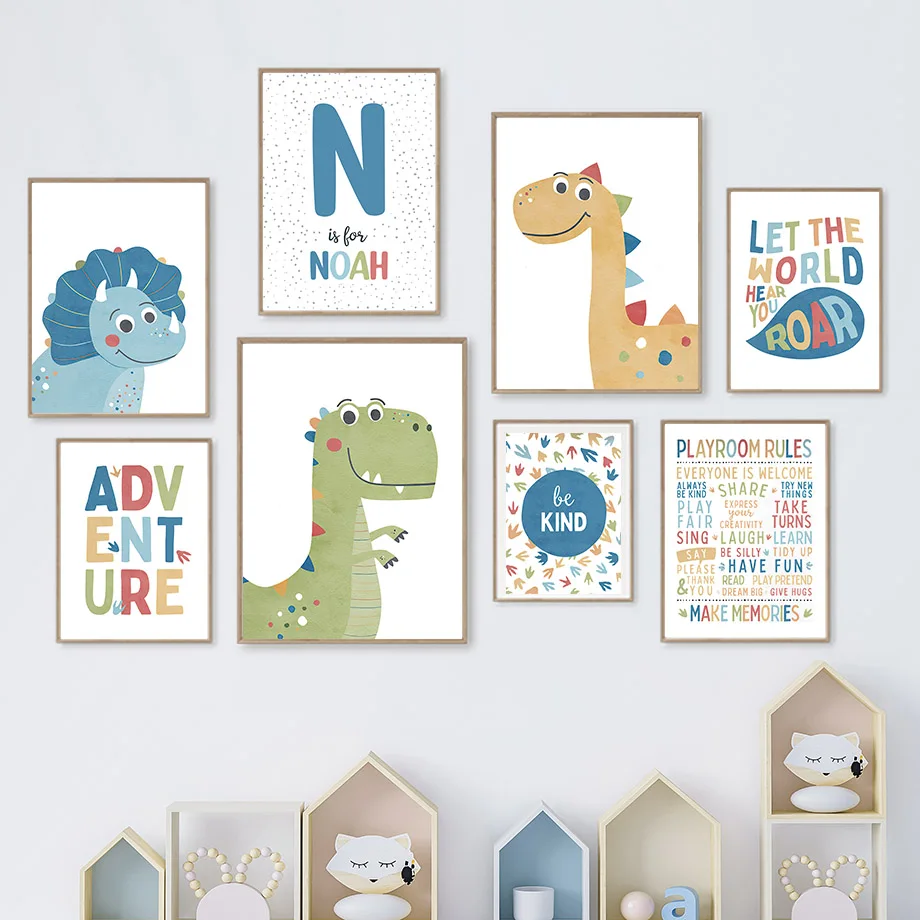 Baby Nursery Decor Boy - Kartun dinosaurus dipersonalisasi anak laki-laki ruang