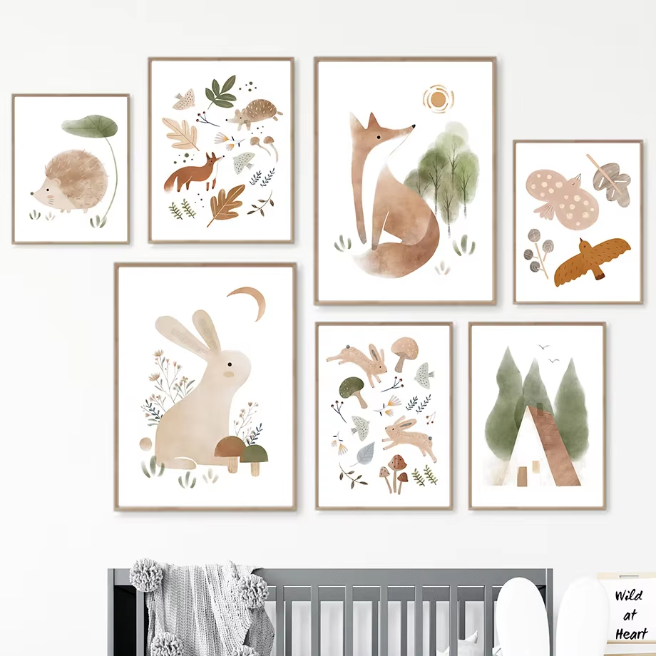 Baby Nursery Decor Boy - Boho Kelinci Rubah Landak Burung Daun