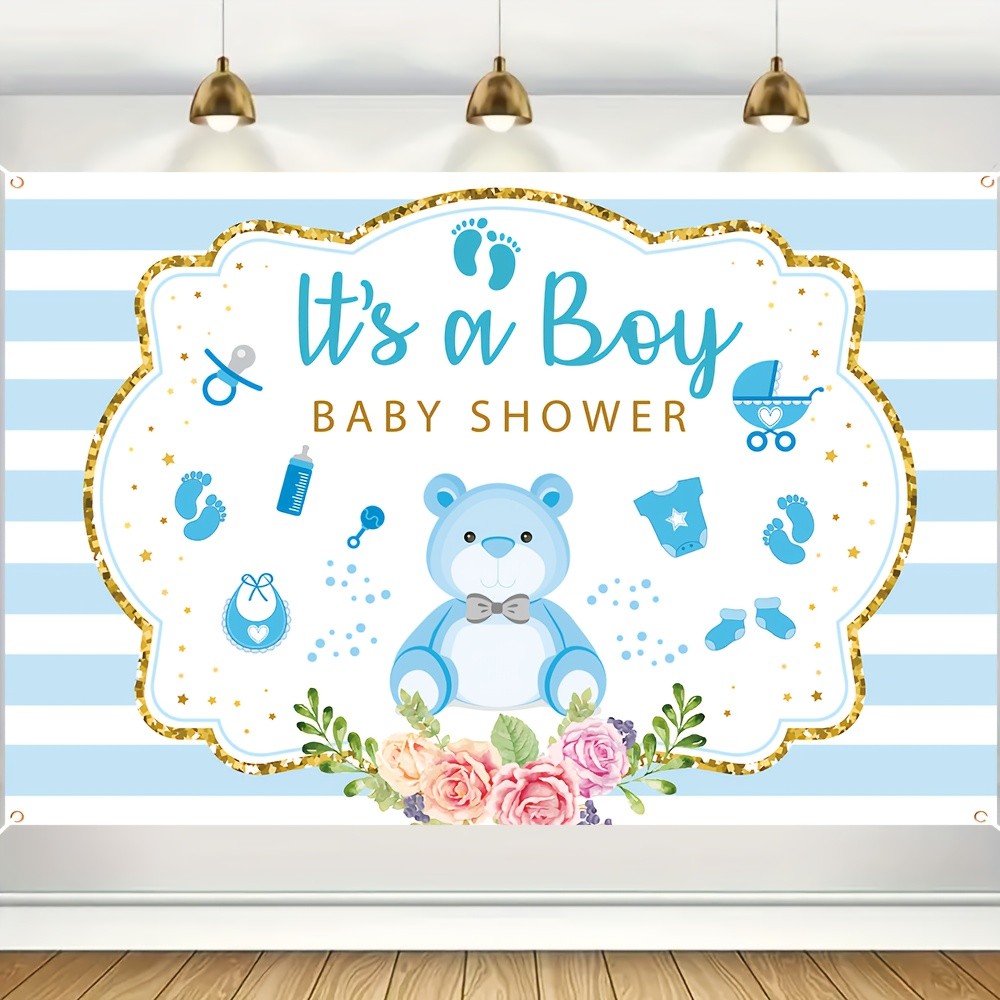 Baby Nursery Decor Boy - Spanduk Baby Shower Motif Garis Biru,
